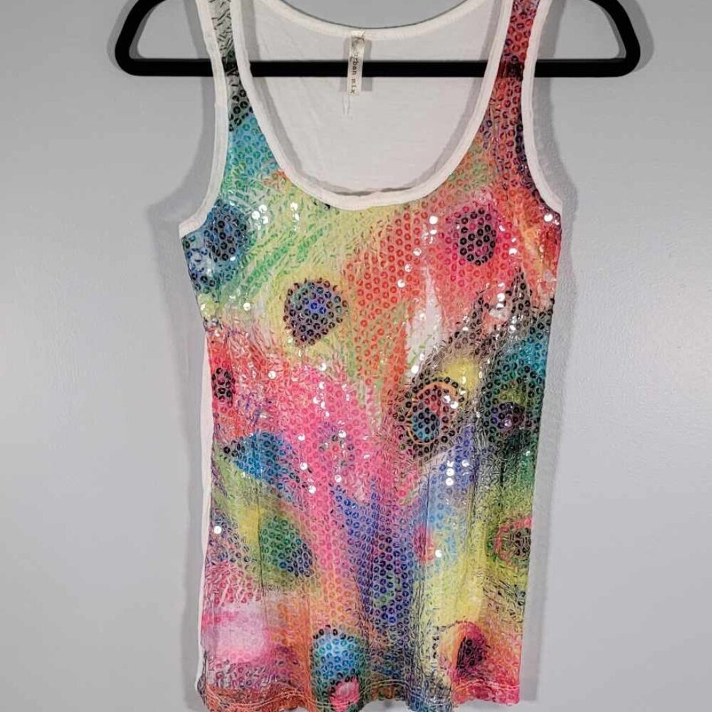 Urban Mix Vibrant Peacock feather sequin design tank top. GUC